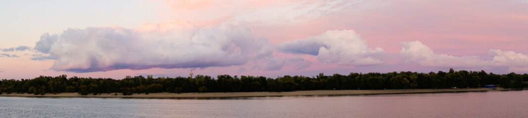 Panoramic view of Trukhanov Island and the Dnieper River on the sunset. Kyiv, Ukraine.