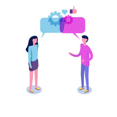 Businessmen discuss social network isometric concept, news, chat, dialogue speech bubbles. Vector illustration.