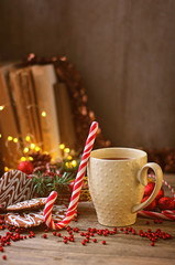 cup of cocoa, cookies and candy on table. Festive winter season. cozy home composition. Christmas Holiday concept. template for design