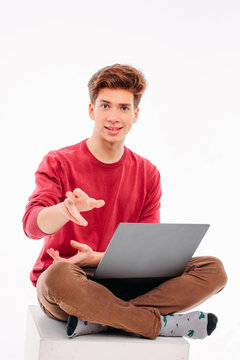 Teenager Student Working At Laptop On White Background