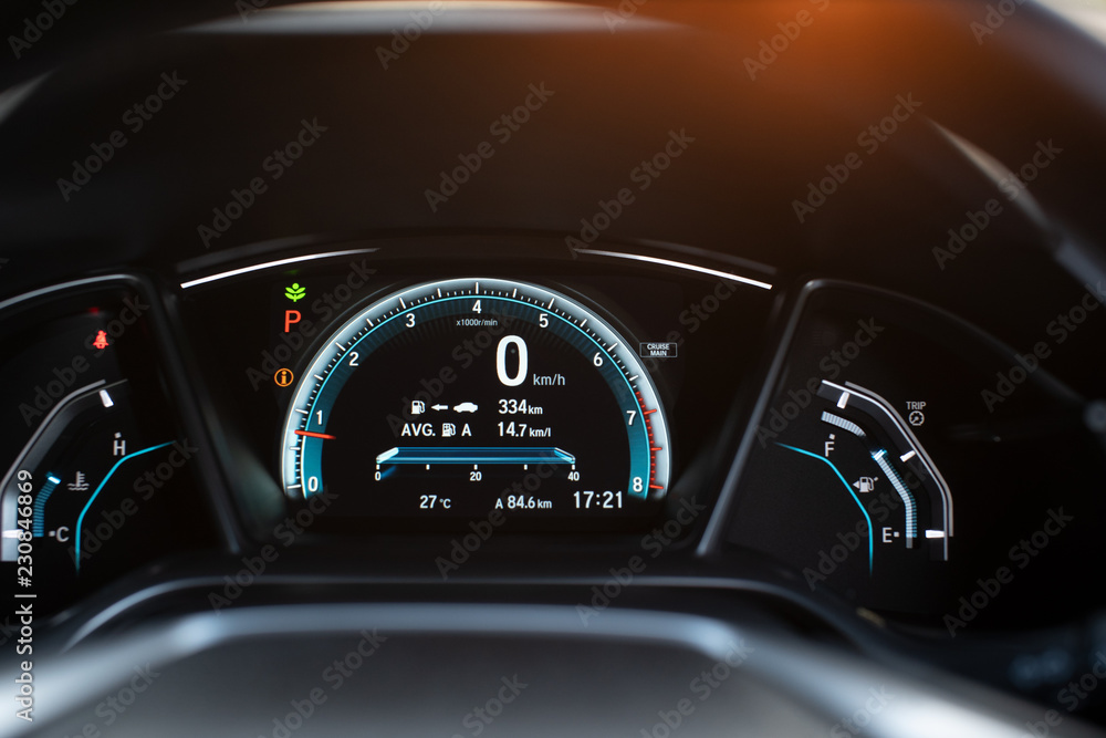 Poster modern digital car display,illustration of a car dashboard panel with speedometer, tachometer.