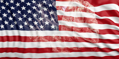 United States of America flag and faded soldier in uniform. 3d illustration