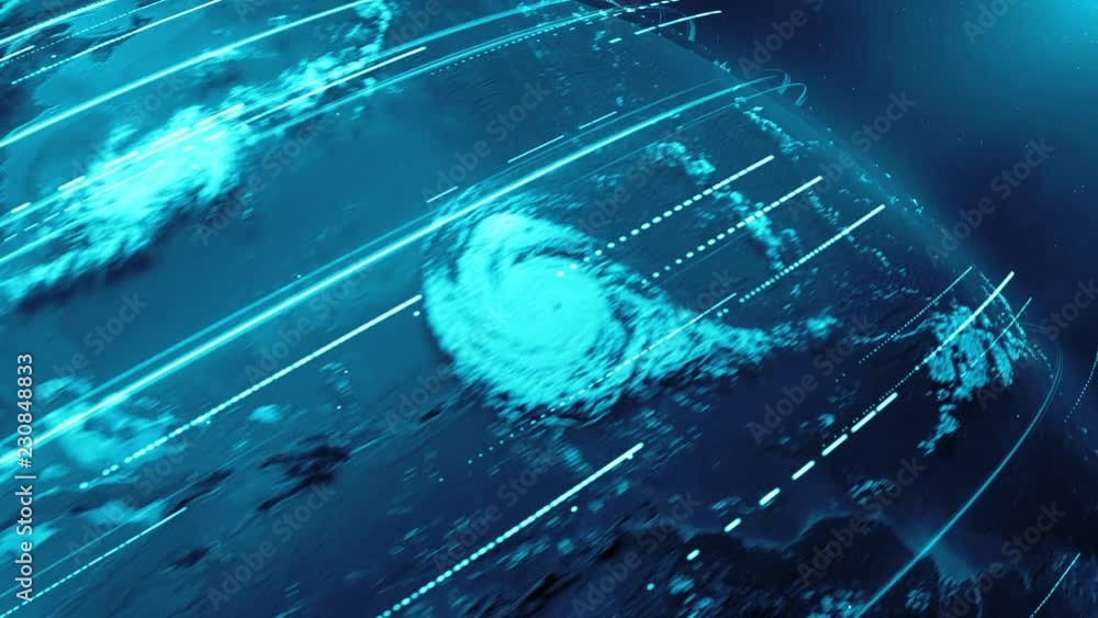 Poster 3d render earth planet rotation animation with motion blur and light trails and particles that moves