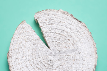 white wood slices on green background Flat lay, top view, copy space