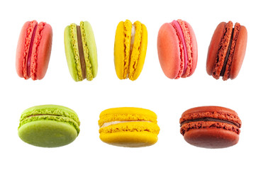 Set of macaron cakes of different colors isolated on a white background