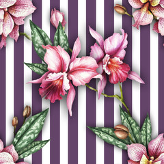 Seamless pattern with watercolor orchid flowers on a striped geometric background. - 230851408