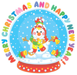 Merry Christmas and happy New Year. Colorful greeting card with a crystal ball with a funny toy snowman friendly smiling and falling snow inside, vector illustration in a cartoon style