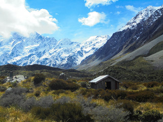 little hiker's shelter in Hooker Valley track, Mount Cook National park in New Zealand, beautiful...
