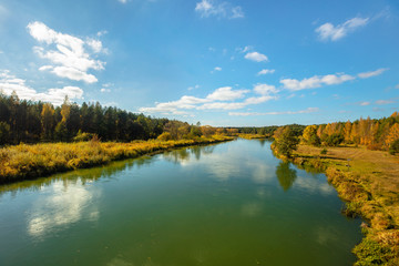 Autumn landscape - river and pines