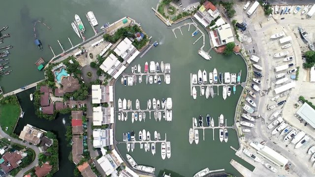 High angle view by drone of the Yacht,motorboat and sailboat in marina