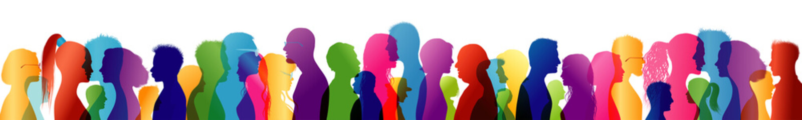 Crowd talking. Group of people talking. Speak. To communicate. Colored silhouette profiles