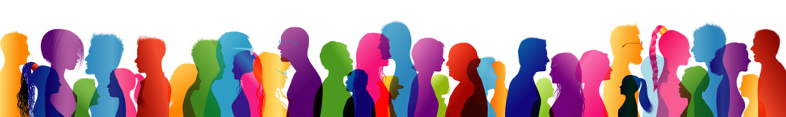 Crowd talking. Group of people talking. Colored silhouette profiles. Speak. To communicate