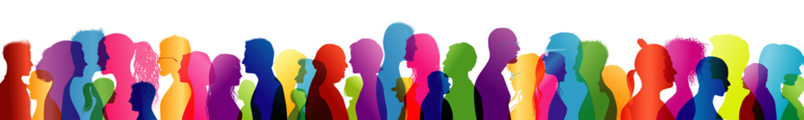 Crowd talking. Group of people talking. To communicate. Speak. Colored silhouette profiles