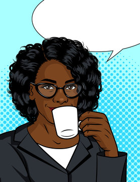 Vector color illustration of a girl drinking coffee. African American with a mug of hot drink. Business Woman holding a cup of coffee in her hand. Lady boss drinking a hot tea