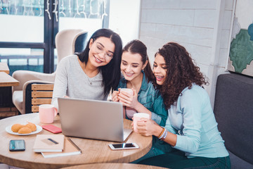 Time to relax. Joyful delighted women looking at the laptop screen while having a break from work