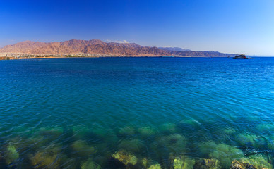 The city of Aqaba in Jordan and the Gulf of Aqaba of the Red Sea