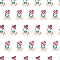Folk flowers seamless vector repeating background. Scattered florals pattern. Small pink flowers on white. Scandinavian style. For fabric, girl, nursery, page fills, packaging, digital paper, card