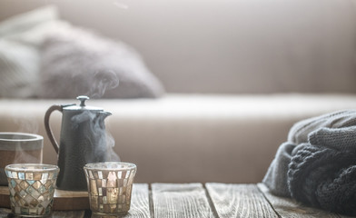 still life from home interior on wooden background