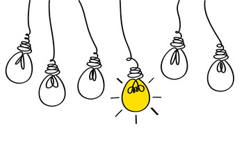 Many lamps hanging from above. Light bulbs icon concept of idea. Vector. Contour line.