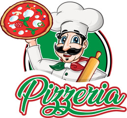 italian Chef  emblem with pizza margherita - obrazy, fototapety, plakaty