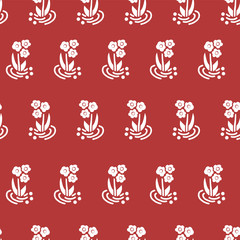 Seamless vector folk flowers white on red repeating background. Scattered florals pattern. Small flowers, Scandinavian style. For folk fabric, girl, nursery, page fills, packaging, digital paper, card