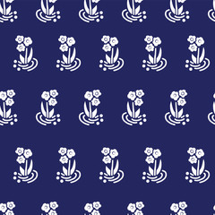 Fototapeta premium Vintage folk flowers white on blue repeating vector background. Scattered florals seamless pattern. Small flowers, Scandinavian style. For folk fabric, girl, nursery, page fill, digital paper, banners