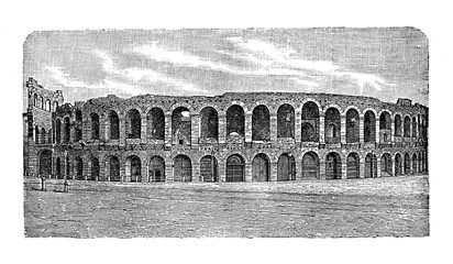 Vintage engraving of the well preserved Verona Arena, Roman amphitheatre built of limestone with outstanding acustic in the first century for 30.000 spectators