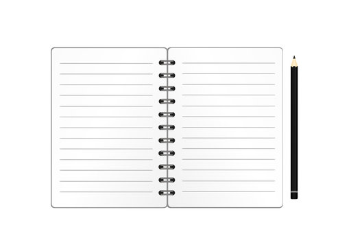 Notebook with a pencil for education, business. Product for a book with paper and concept. Empty space for text. Vector on wooden backgroun