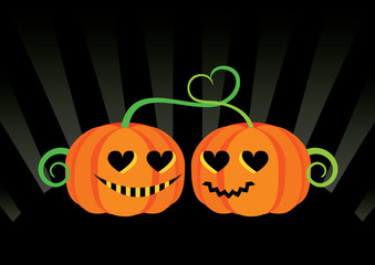 Love Halloween pumpkins vector. Halloween pumpkin cartoon character. Orange pumpkin on a black background. Couple of love pumpkins © betka82