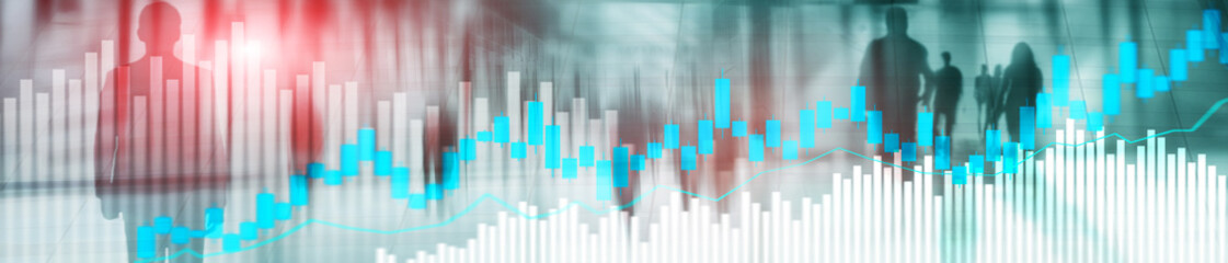 Online trading, FOREX, Investment concept on blurred business center background. Website header banner.