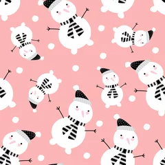 Meubelstickers naadloze vector achtergrond met kerst patronen sneeuwmannen op een roze background © Lana