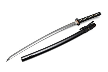 Japanese sword steel fitting and black cord with shiny black scabbard on white background.