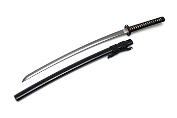 Japanese sword steel fitting and black cord with shiny black scabbard on white background.