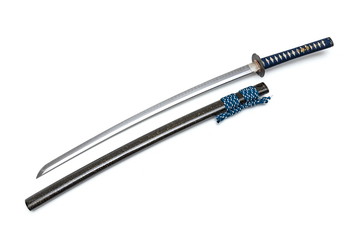 Japanese sword steel fitting and blue cord with  scabbard on white background.