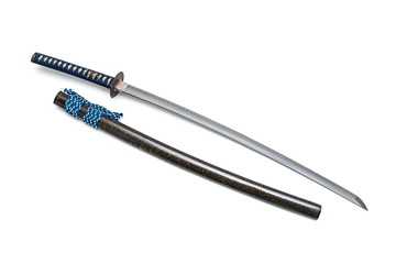 Japanese sword steel fitting and blue cord with  scabbard on white background.