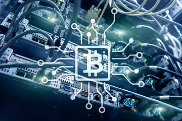 Bitcoin, Blockchain concept on server room background.