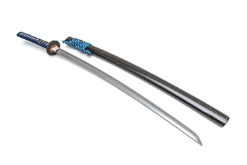 Japanese sword steel fitting and blue cord with  scabbard on white background.