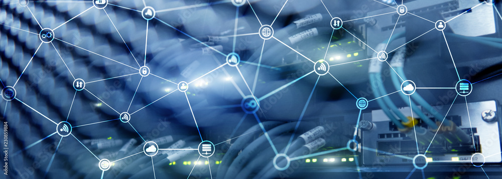 Poster telecommunication concept with abstract network structure and server room background.