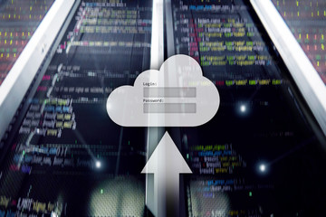 Cloud storage, data access, login and password request window on server room background. Internet...