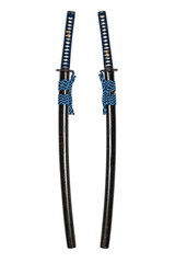 2 sides of Japanese sword steel fitting and blue cord with  scabbard on white background.