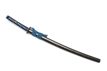 Japanese sword steel fitting and blue cord with  scabbard on white background.