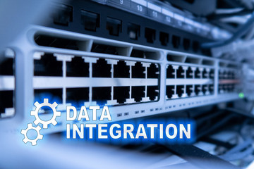 Data integration information technology concept on server room background.
