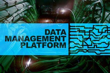 Data management and analysis platform concept on server room background.