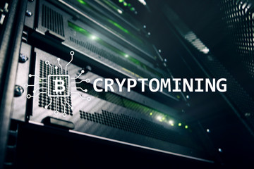 Cryptocurrency mining concept on server room background.