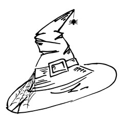 Old witch's hat for Halloween. Vector illustration of a witch hat with a spider. Hand drawn the terrible hat of a witch. Terrible hat with a spider for a witch in a carnival.