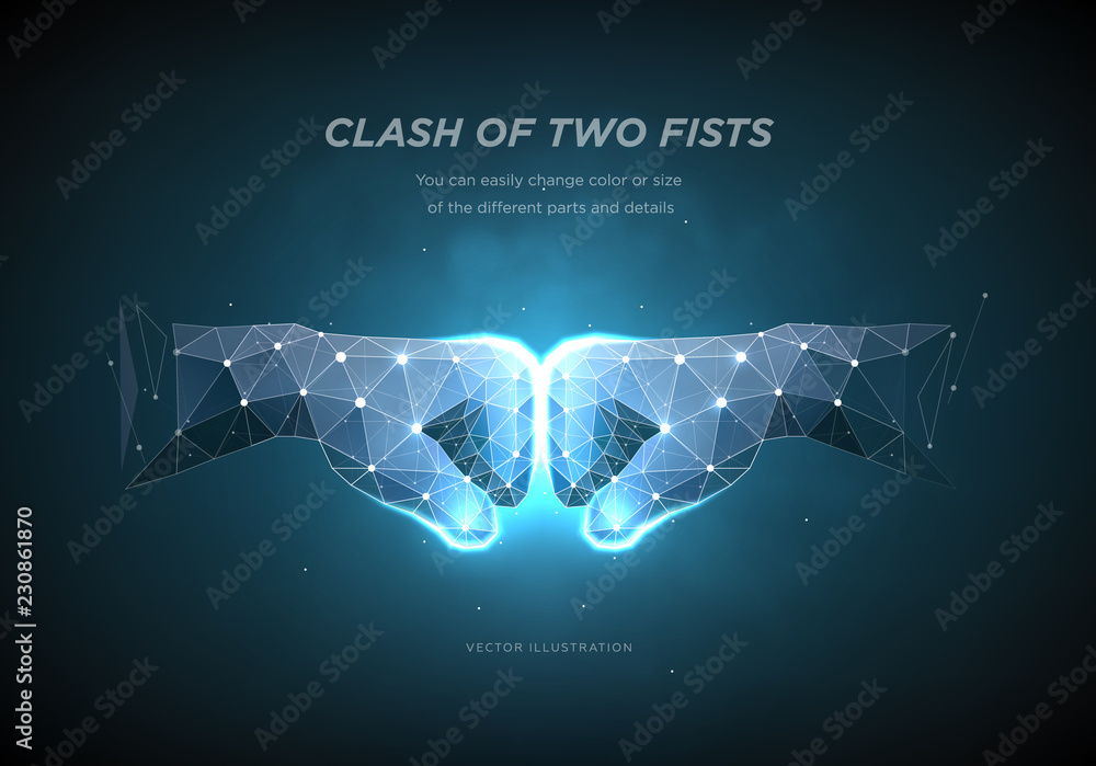 Wall mural clash of two fists. low poly wireframe art on dark background. the concept of conflict or resistance