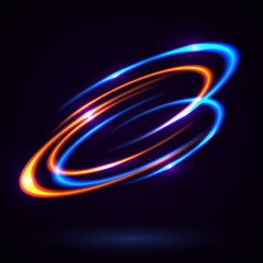 Vector light effect. The object s light stroke. Circular lens flare. Abstract rotational lines. Power energy element. Luminous sci-fi. Shining neon lights cosmic abstract frame. Magic round frame.