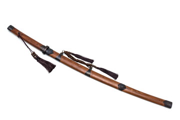 Japanese sword steel fitting  and wooden  scabbard and handle isolated in white background.