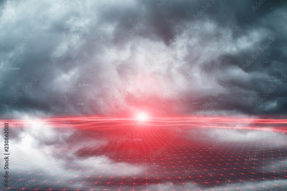 Poster abstract computer network data connections on dramatic cloudscape sky background.