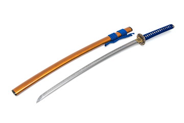 Colorful Japanese sword steel fitting and blue cord with orange scabbard on white background.